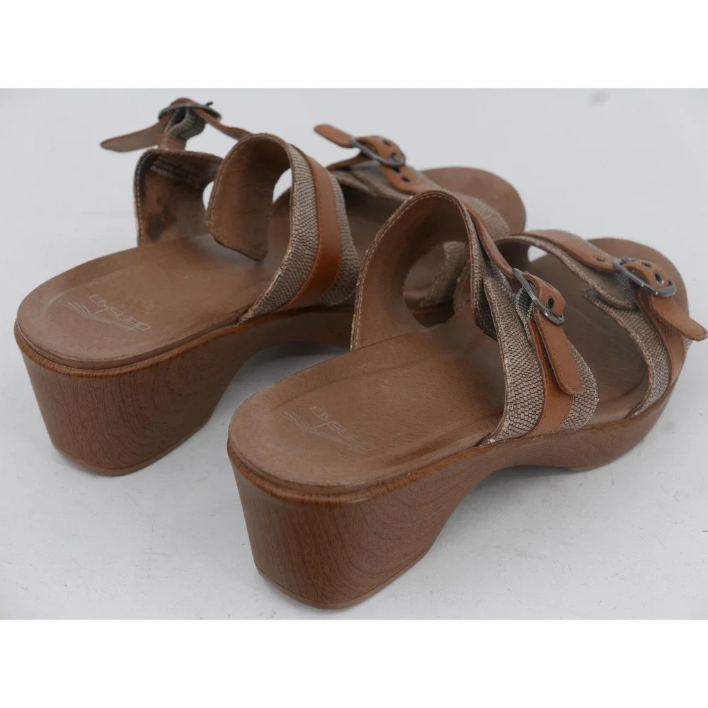 Dansko Sandals Brown Leather Wedge Slide Buckle Straps Women's Size 10.5 EU 41